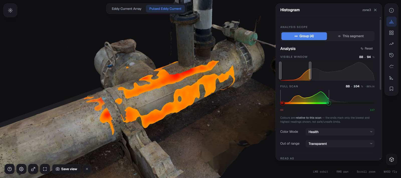 The Helix asset viewer with every reading above 94% wall hidden, leaving an orange band of thinned metal running the length of a scanned spool between two flanges, against a scan range of 88 to 104% wall.