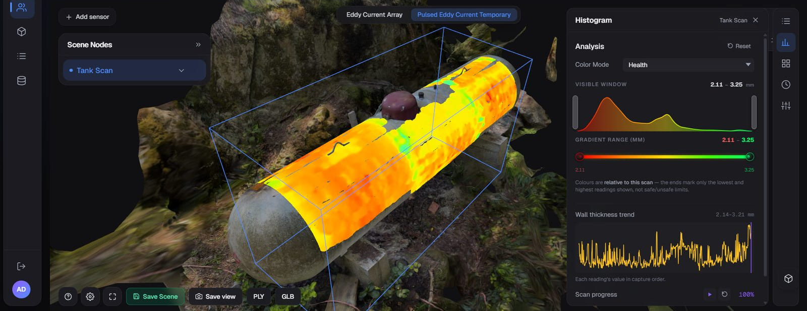 The Helix asset viewer showing a propane tank scan coloured by wall thickness, with eddy-current and pulsed-eddy-current layers.