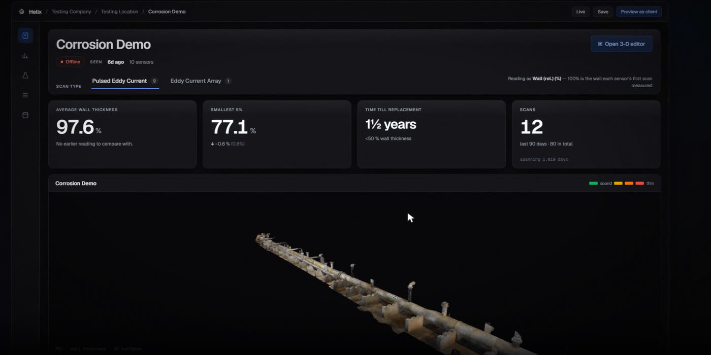 The HELIX Horizon asset dashboard, showing average wall, smallest five per cent, time to replacement and scan count above a 3D health map of a scanned line